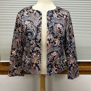 Pendleton Navy Blue and Pink Paisley Patterned Open Front Blazer Jacket